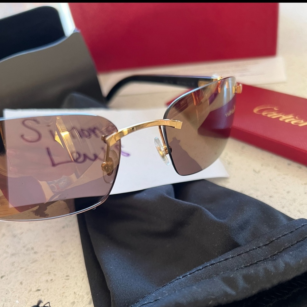 Cartier buffalo horn sunglasses. Brown lenses, gold accents, white frame